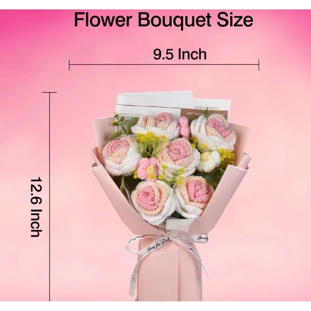 Crochet Rose Bouquet 13in Pink White LED‎ Light Up Gift with Gift Bag & Card